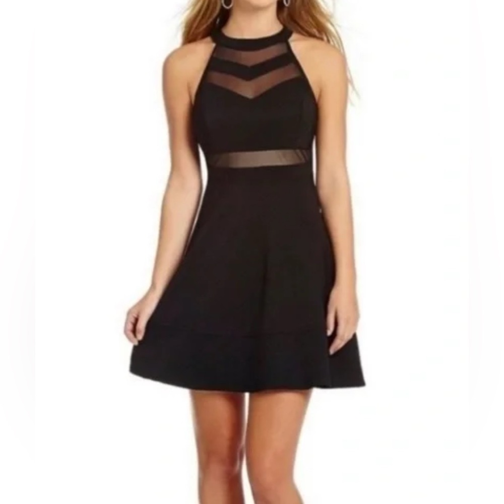 Sleeveless Black Mesh-Panel Fit & Flare Dress